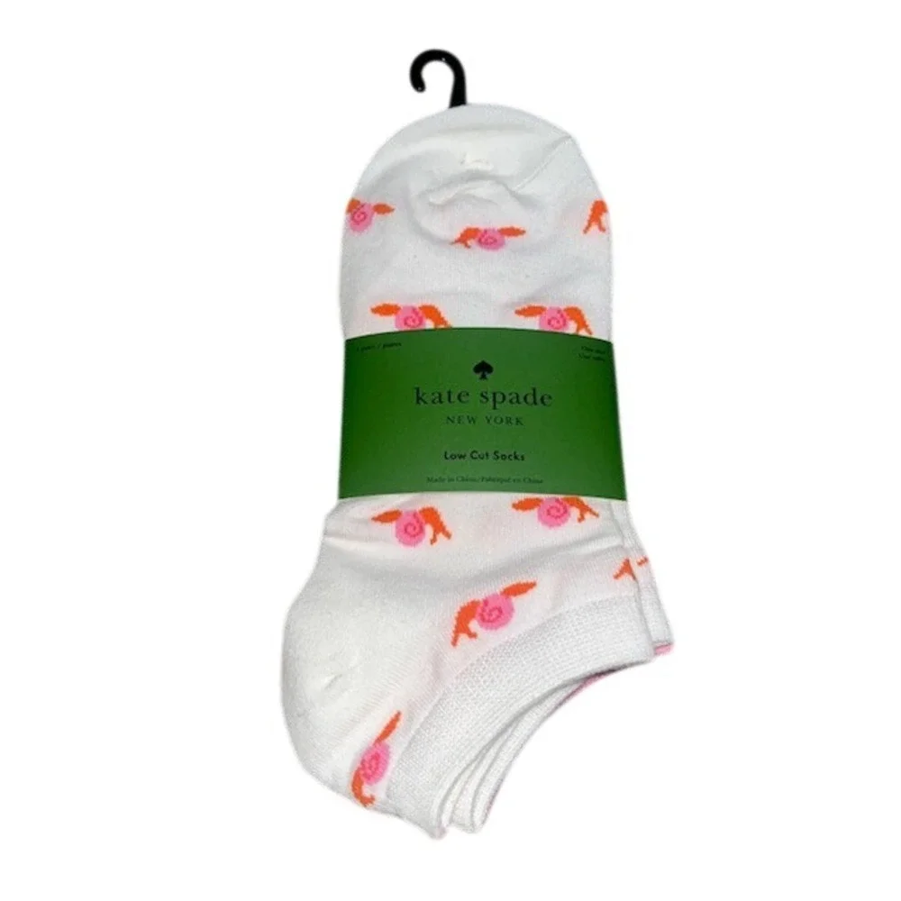 Kate Spade Low Cut Socks 3 Pairs Snail Print White Grey Pink One Size 4-10‎